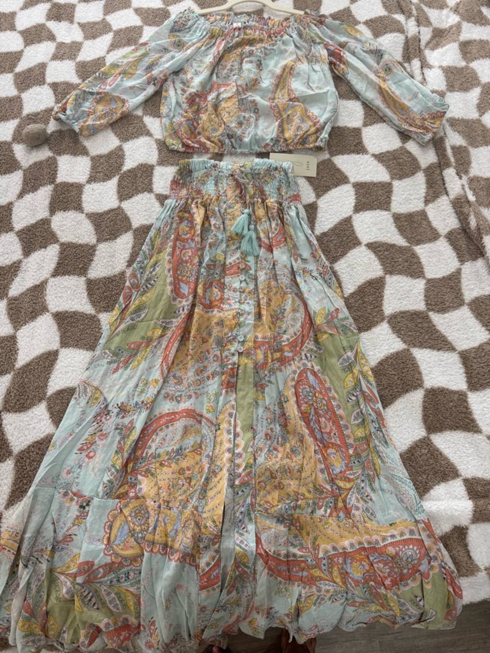 Joie Boho Paisley Maxi 2 piece Dress Set in Light Blue and Coral XS NWT